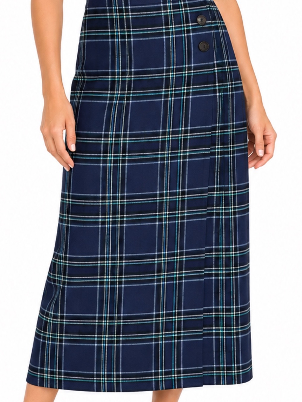 Jessica London Navy Plaid Midi Skirt with Green & White Stripes
